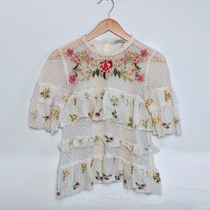 Zara Floral Lace Embroidered Sheer Blouse